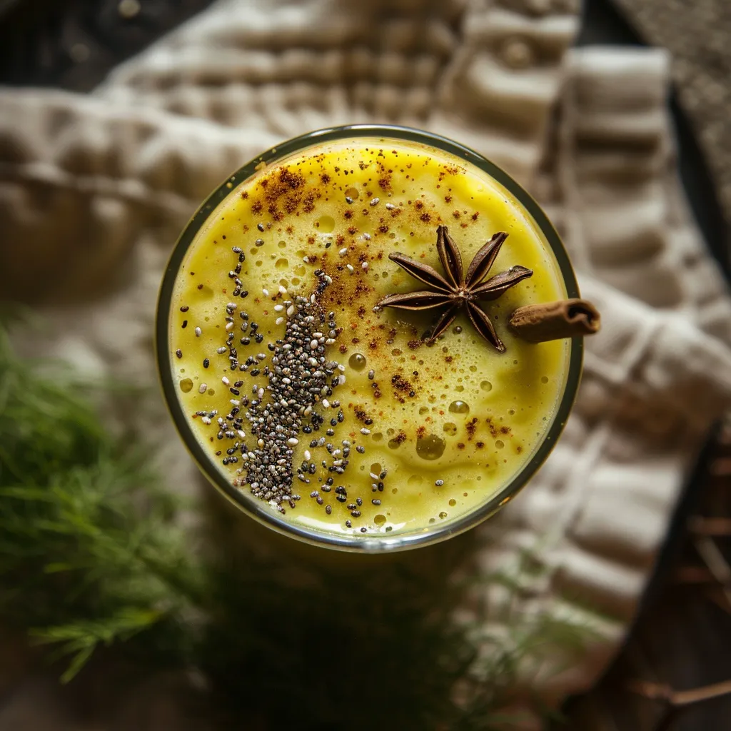 A vibrant yellow-green smoothie served in a tall, clear glass topped with a few dark chia seeds. The rim of the glass is lightly dusted with ground star anise. A twig of fresh fennel leaf carelessly pokes out of the glass. A rustic, textured tablecloth beneath the glass adds a slight color contrast.