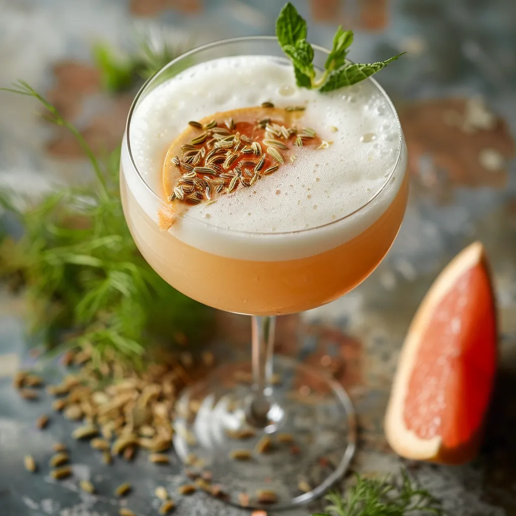 A blush hued drink in a clear glass, with a golden honey swirl at the bottom. There's a frothy cap on top from shaking, adorned with a sprig of fresh mint and a twisted grapefruit peel for garnish. Raw fennel seeds at the base of the glass give a textured contrast.