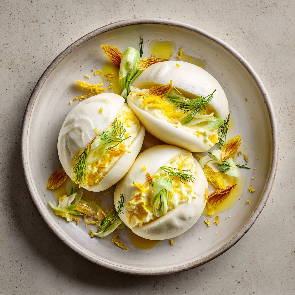 A picture-perfect dish, consisting of soft, white, almost cloud-like steamed buns, filled with a vibrant, creamy yellow mascarpone mix that seeps enticingly out from the bun's center when cut open. Beautiful thin slices of candied fennel and lemon zest accents are spread across the plate, providing a burst of color and texture.
