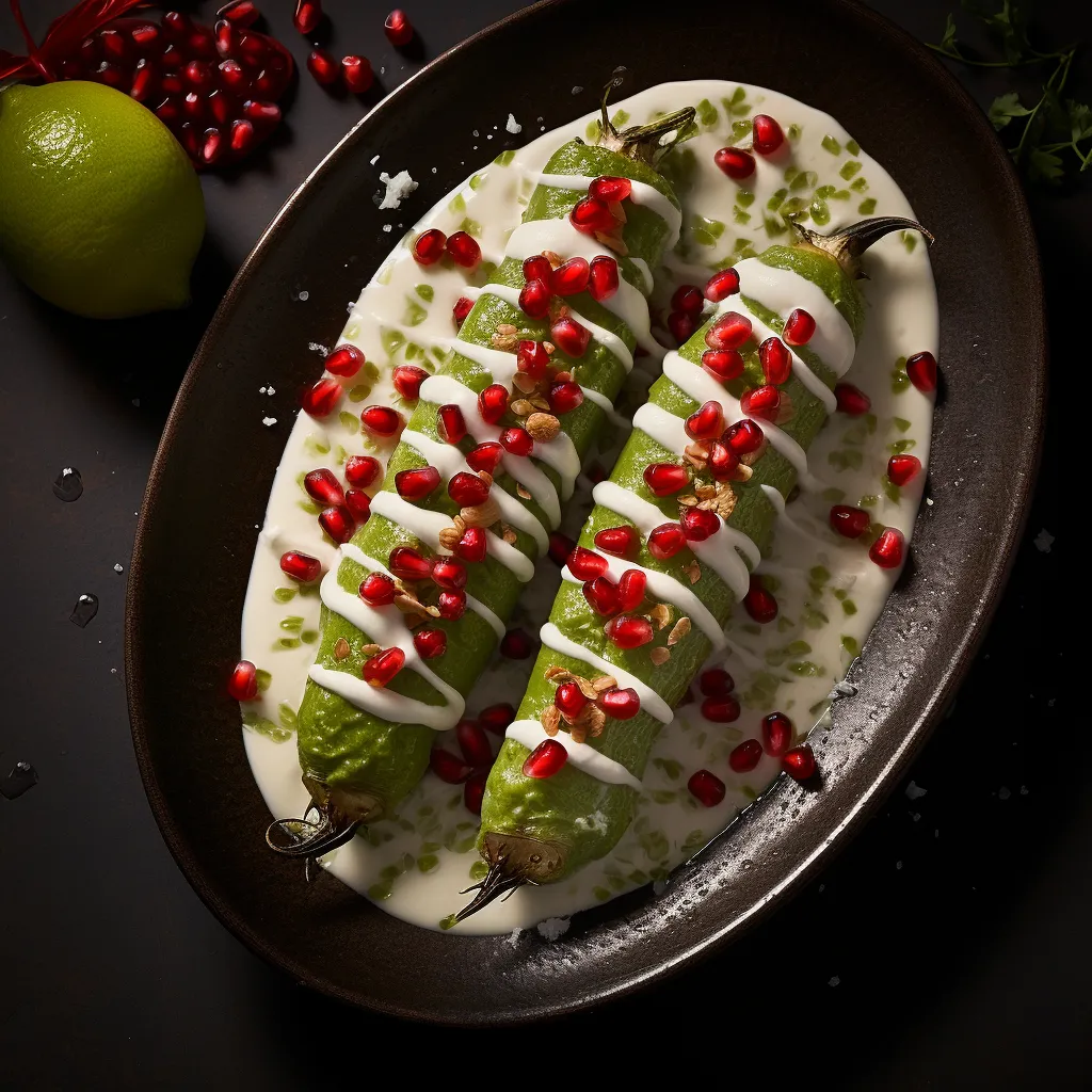 From above, the dish resembles a luscious green field speckled with ruby-red pomegranate seeds and capped by glossy, snow-white walnut sauce. The contrasting colors and visual depth create an inviting and sumptuous sight.