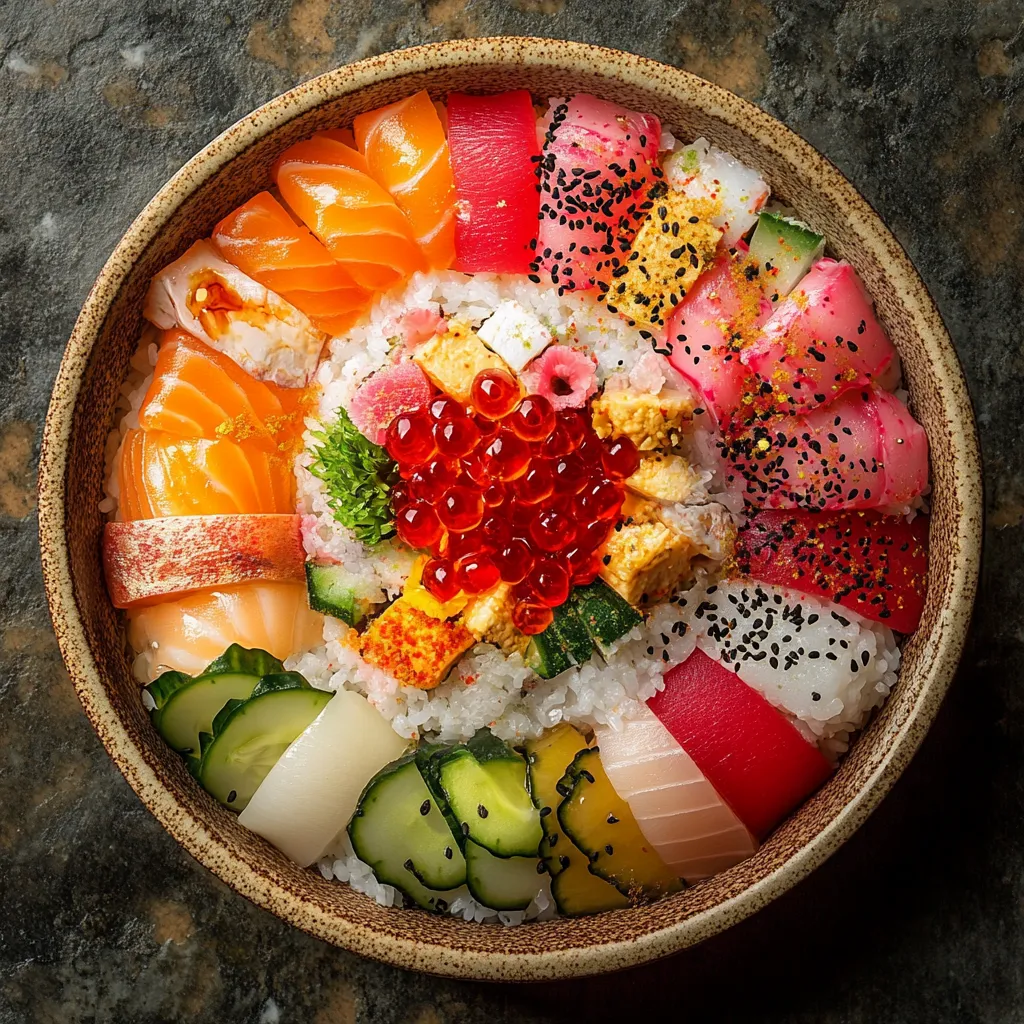 Imagine a beautiful and vibrant painting made of food, seen from a bird's eye view. The bowl, filled with glistening sushi rice, forms the canvas, studded with shining, jewel-like sashimi pieces in ruby red, diamond white, and topaz orange. Golden tamago ribbons, green cucumber slices, and pink, pickled ginger add more color. Black sesame sprinkles serve as the final brushstroke.