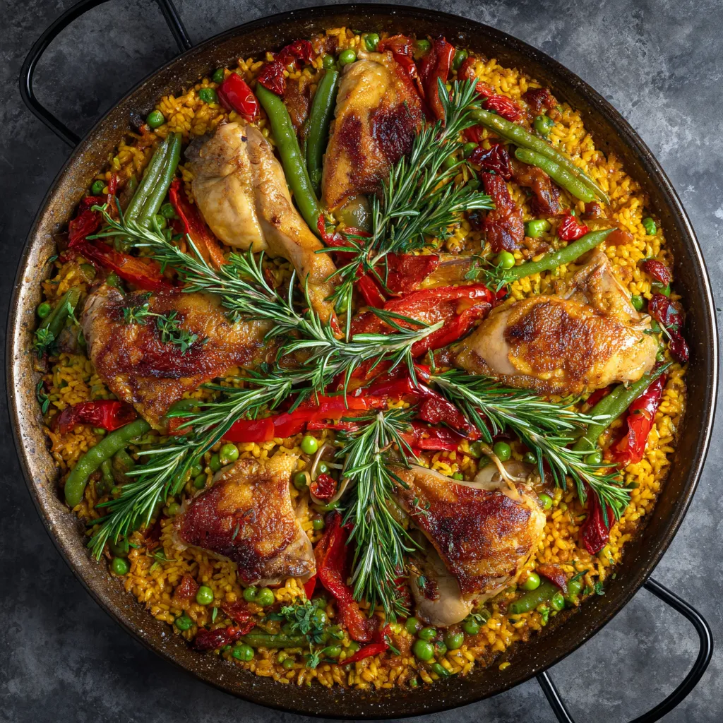 From above, you see a radial symphony of colors on a round shallow pan. The richly golden saffron-infused rice cradling chunks of rabbit and chicken, scattered with vibrant green beans and lima beans. Shining red bell peppers and tomatoes add color contrast, all garnished with fresh rosemary sprigs.