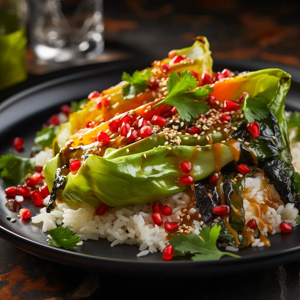 A vibrant palette of greens, reds, and whites mix together in a beautifully plated dish. The dark insistent green of the Escarole contrasts with the cheerful whites of the rice pearls and the fiery reds of the thinly sliced peppers. The mix is topped with shiny pomegranate seeds and a sprinkle of black sesame for the perfect Instagram-worthy shot.