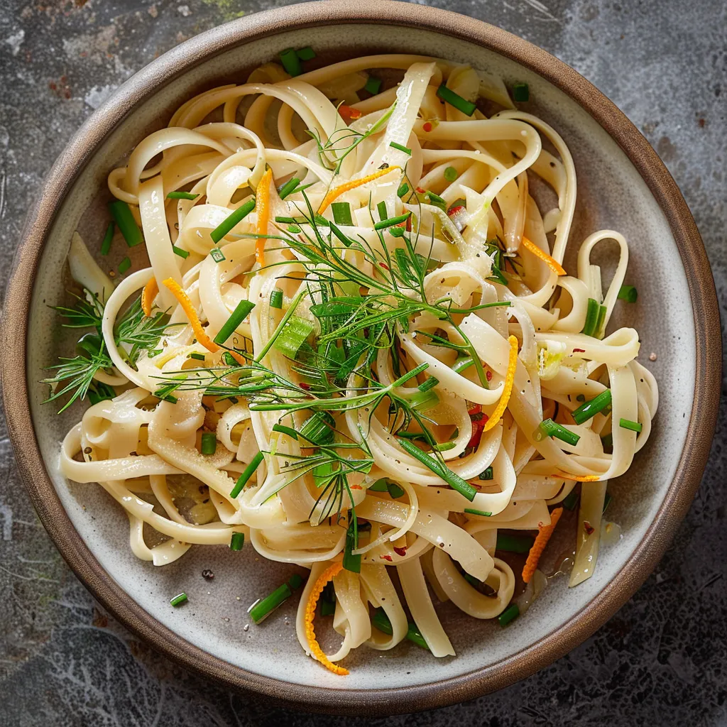 A beautifully plated, colorful mound of glossy fettuccine noodles gently tossed with fennel and vibrant green herbs. The white fennel slivers and orange zests contrast against the brownish noodles.