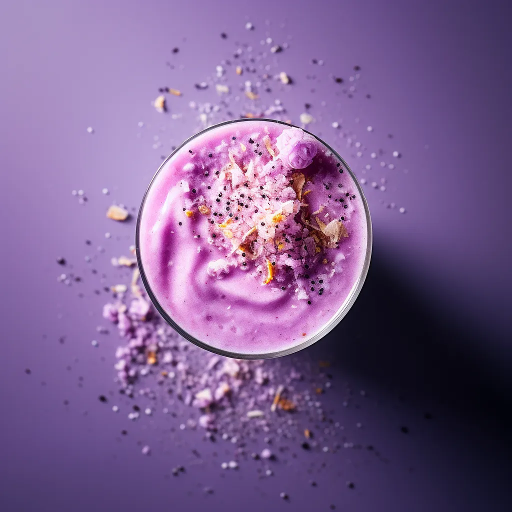 A vibrant purple smoothie topped with a sprinkle of coconut flakes.