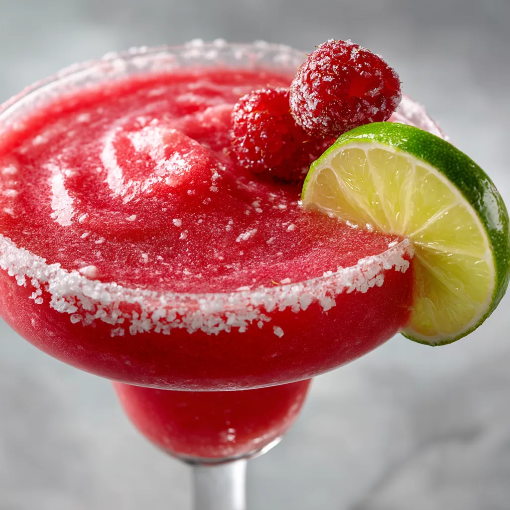 The vibrant pink of frozen raspberry margarita inside a classic margarita glass garnished with a wheel of lime and a sugar-coated fresh raspberry on the rim. The glass rim itself should be coated in salt, adding a touch of white contrast to the radiant pink. The drink should look icy but smooth, almost like a slush, highlighting its frozen characteristic, with tiny bubbles visible from the blend.