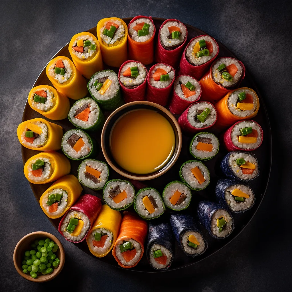 A plate of sushi rolls with vibrant colors of fruit leather resembling nori seaweed, filled with sliced fruits and veggies, and served with a side of sweet and sour dipping sauce