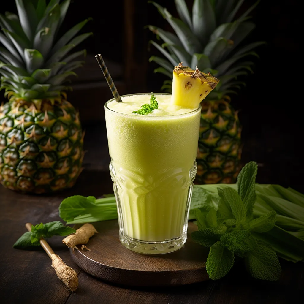 The smoothie's vibrant yellow-green color contrasts against a highball glass. It's served with a sturdy, eco-friendly straw and garnished with a thin, leafy cabbage slice against the glass, a small pineapple wedge on the rim, and a dusting of ground ginger on top.