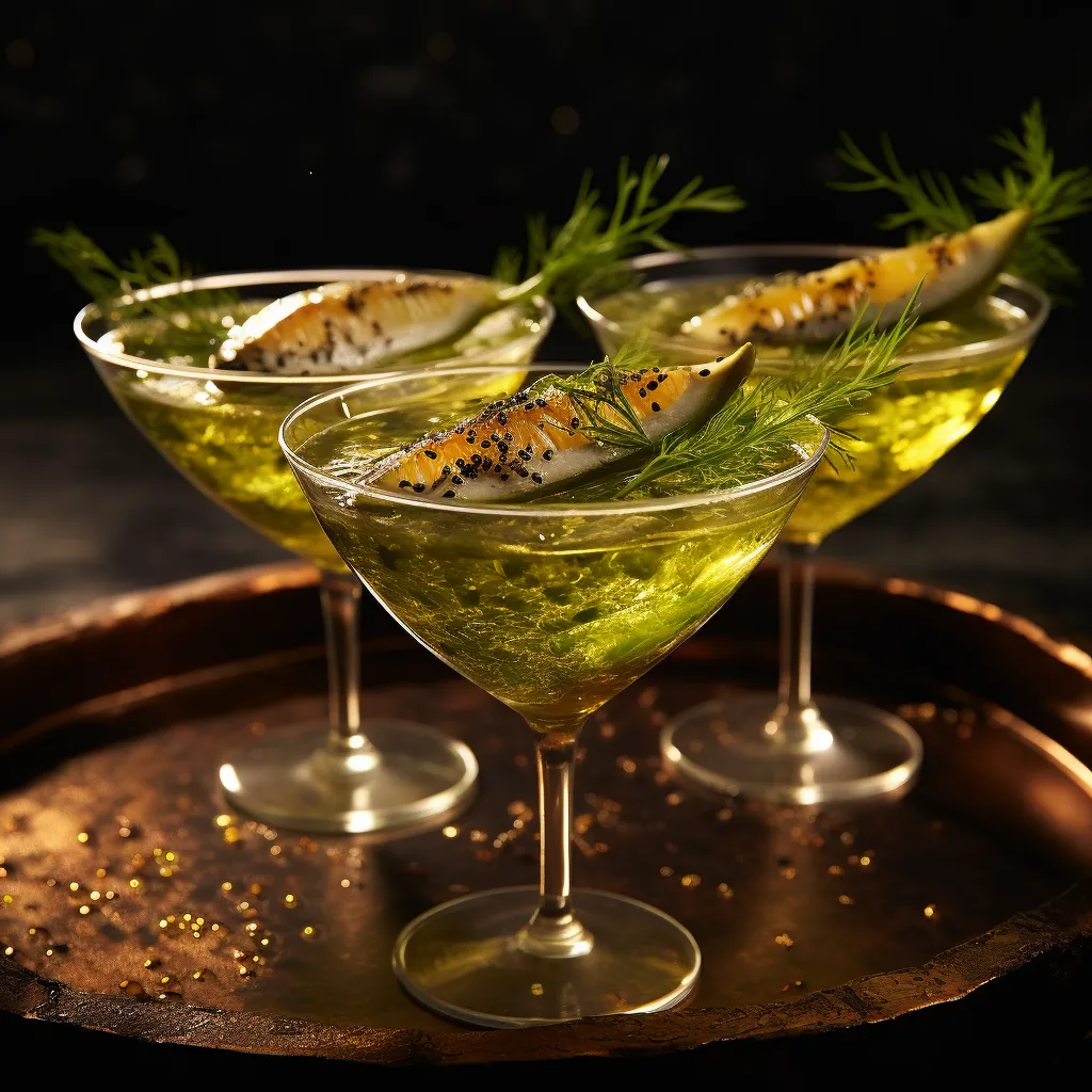 Bright, translucent martini glasses shimmering with a liquid gold cocktail, adorned by a gigantic cucumber hoop studded with a glistening sardine, intertwined with dill sprigs, and punctuated by a green olive. A straw-like sliver of chili, sticky with honey glaze, is delicately balanced on the rim.