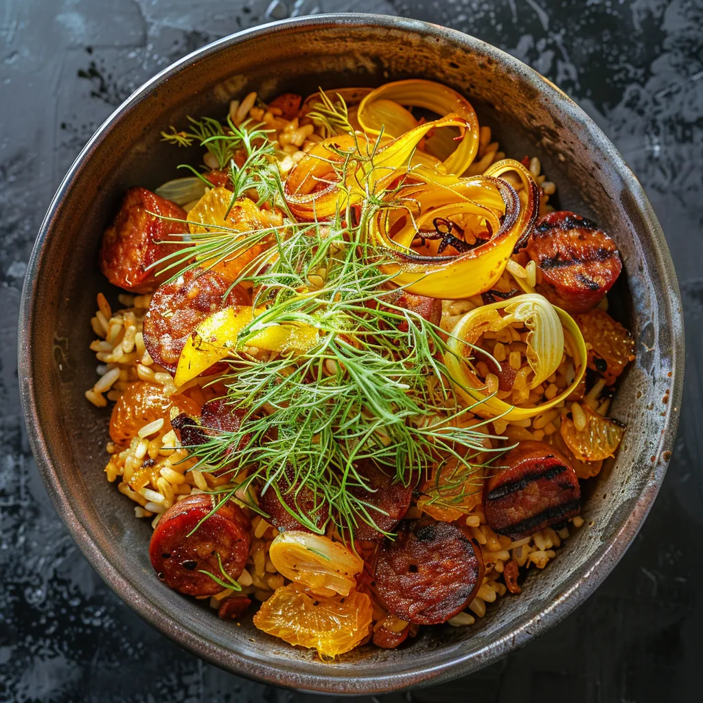 Looking down into a deep, rustic bowl, you see a golden saffron-infused rice at the base, topped with uneven chunks of chorizo, a scattering of thinly sliced fennel that have curled lightly from cooking, and finally radiant crescents of caramelized oranges. A swirl of green from the fresh fennel tops gives it a garden-fresh vibe. It's a dish that entices you to dig in with its vibrant colors and tantalizing array of textures.