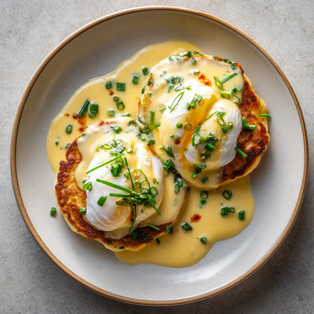 A pair of golden chive scallion pancakes kissed by sun at the bottom of the plate, crowning with soft delicate cloud-like poached eggs. The egg yolks are just waiting to be pierced, seeping molten gold. A generous drizzle of the creamy miso hollandaise sauce engulfs the eggs, with chive specks and hints of orange roe.