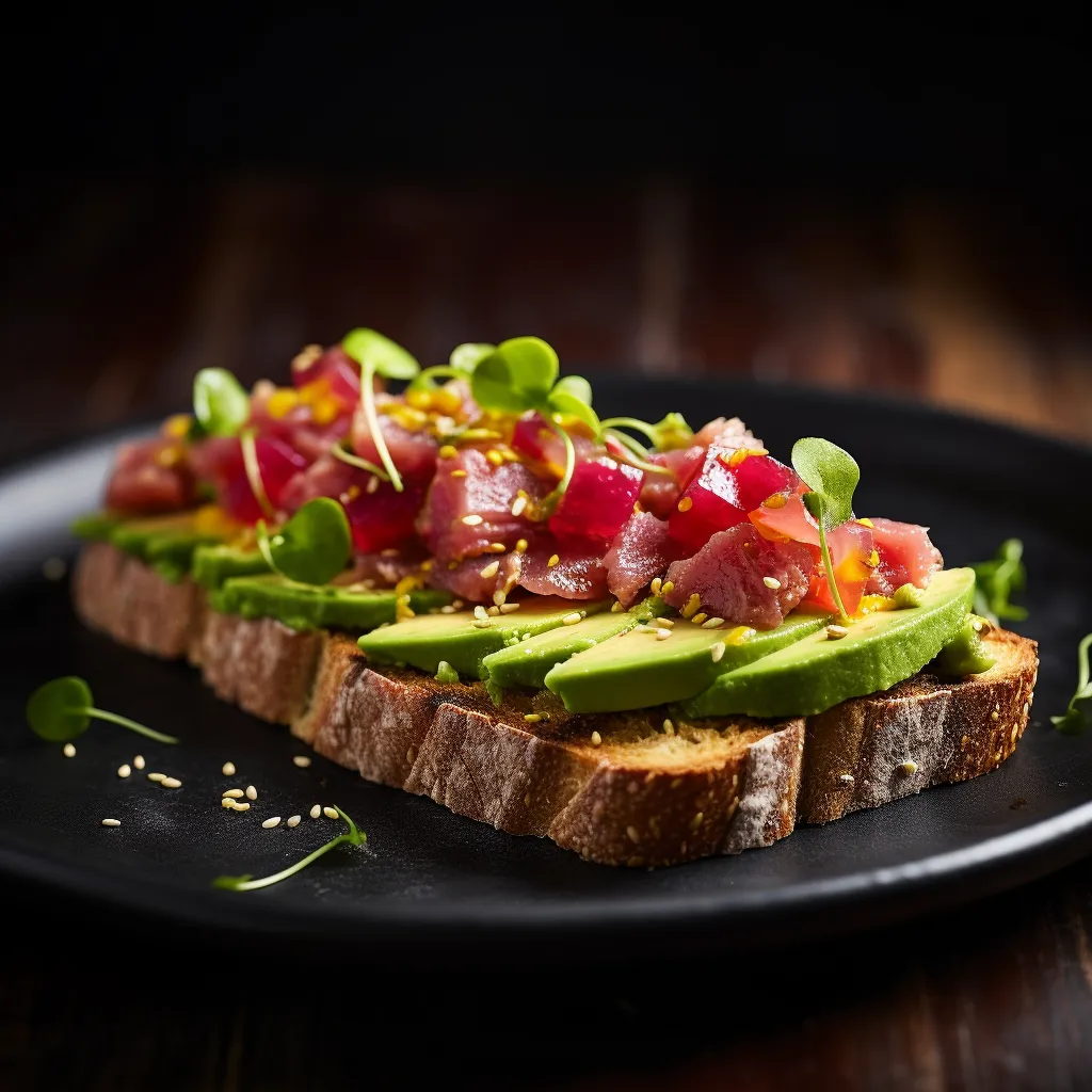 Think depth and contrast for the perfect snapshot. A slice of toasted, golden brown multi-grain bread forms the base. It's generously smeared with luscious, creamy avocado followed by chunks of ruby-red Tuna confit, the hero of the dish. These are adorned with ruby red bits of diced tomato and specks of green chive. A gentle drizzle of golden lemon-garlic dressing graces the arrangement and a small sprig of dill on top adds the final touch.