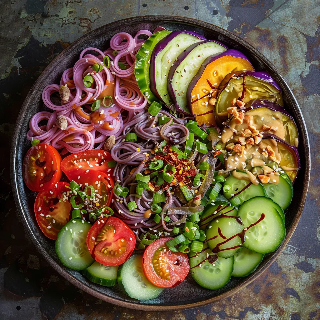 From above, you see a rainbow-like circle of colorful ingredients: dark purple soba in the center, surrounded by green cucumber ribbons, pink slices of heirloom tomatoes, smoky slices of eggplant, and a smattering of bright red chili flakes and toasted sesame seeds on top for a contrast, with a rich peanut-tahini dressing drizzle.