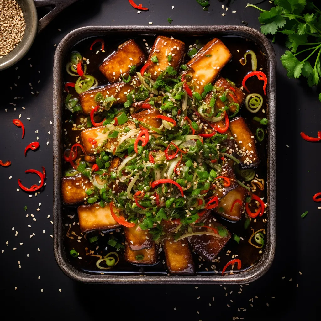 A beautifully baked serving dish filled with caramelized white mushrooms and golden sesame-crusted tofu pieces. The ingredients are glazed with a glossy, sticky sauce, sparkling under soft light. Sprinkled atop are emerald cilantro leaves and vibrant red chili strands, creating a stark contrast against the monochromatic palette underneath.