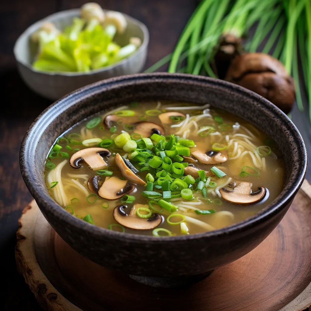 A warm bowl filled halfway with a golden broth, visibly aromatic with essences of miso, garlic, and ginger. Freshly sliced shiitake mushrooms and vibrant green leek float on top. A thin slice of lemon perched delicately on one side of the bowl, adds a burst of color and elevates the aesthetics of the dish.