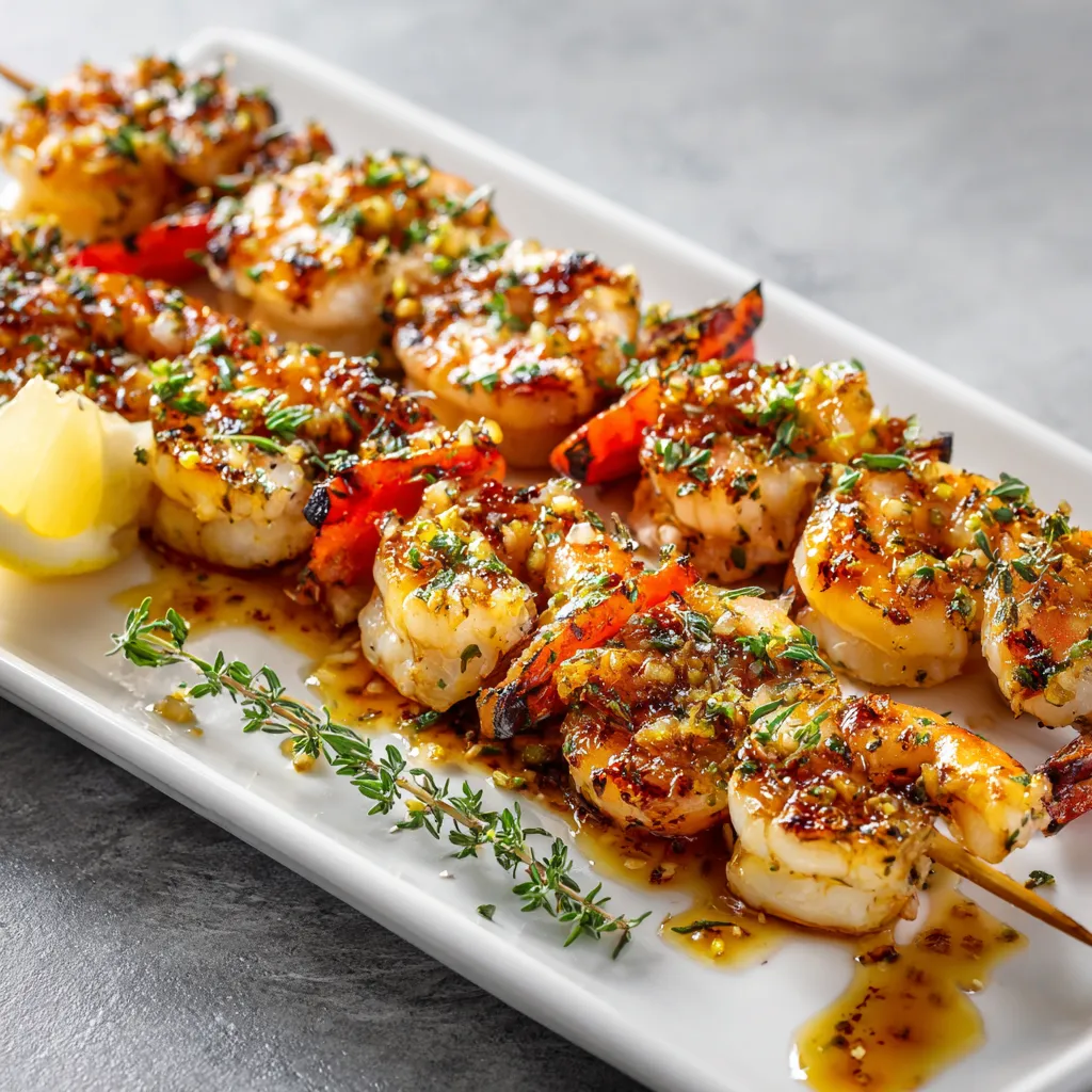 Golden seafood skewers lined up on a rectangular white platter, glaze glistening under the light and bits of minced garlic clinging to the colorful array of seafood. A sprig of fresh thyme and a drizzle of lemon zest are the eye-catching garnishments. The bright colors of the seafood, contrasting with the garnishment and white platter, make the dish pop.