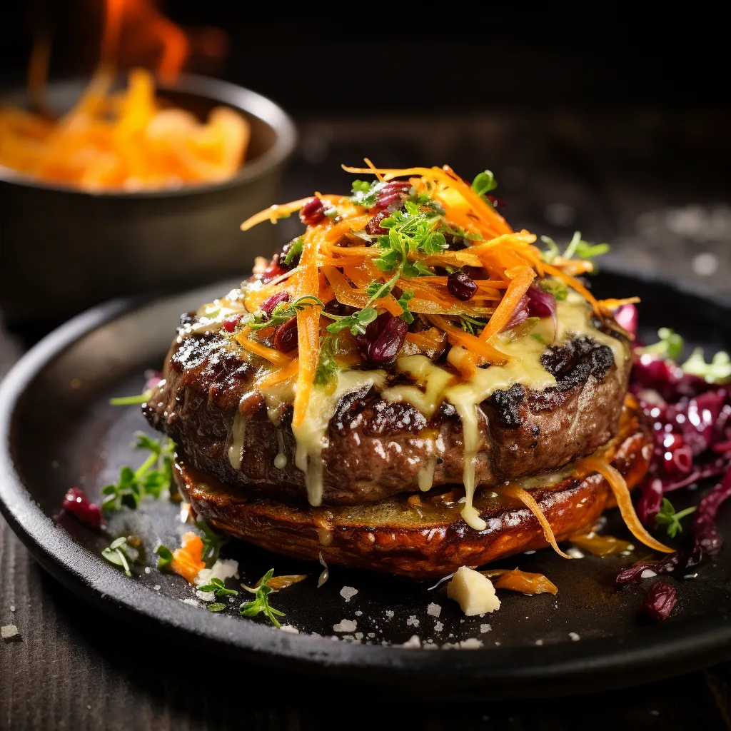 A lavish oversized bison patty masterpiece, flecked with pieces of glowing minced garlic, topped by radiant caramelized onions and glistening melted cheese on a toasted brioche bun. The bun is surrounded by a lively autumn slaw, adding a pigment play of orange and red shades to the plate.
