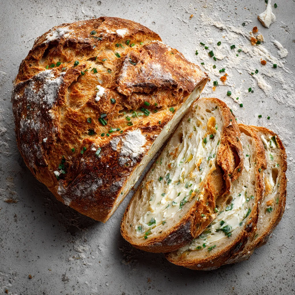A beautifully browned artisan-style loaf. Flecks of green from the chopped garlic are peeking through the crust, with a dusting of flour given it a rustic charm. When sliced, the soft, white interior reveals swirls of creamy cheese.