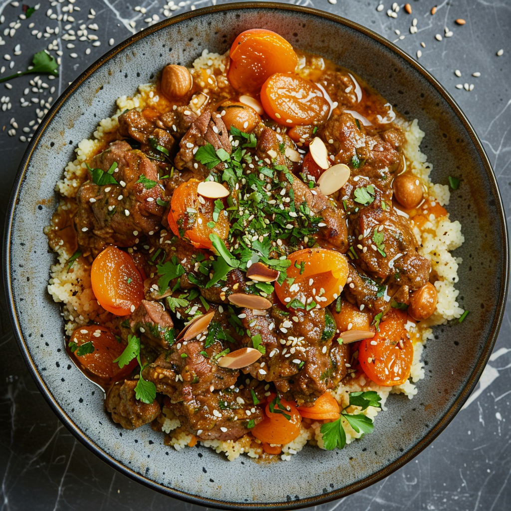 Garlicky Lamb Tagine with Apricots and Almonds
