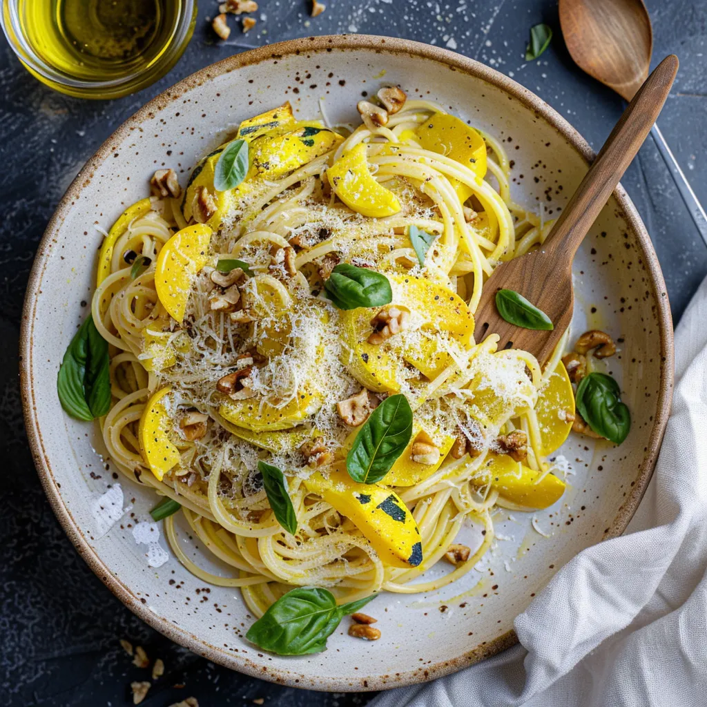 Creamy strands of spaghetti generously coated with bright yellow squash and green basil sit as a base, topped with crushed walnuts and a sprinkling of parmesan. The whole dish is adorned with a drizzle of walnut oil, adding a glossy finish, while a fabric napkin and a rustic wooden fork lay on the side.