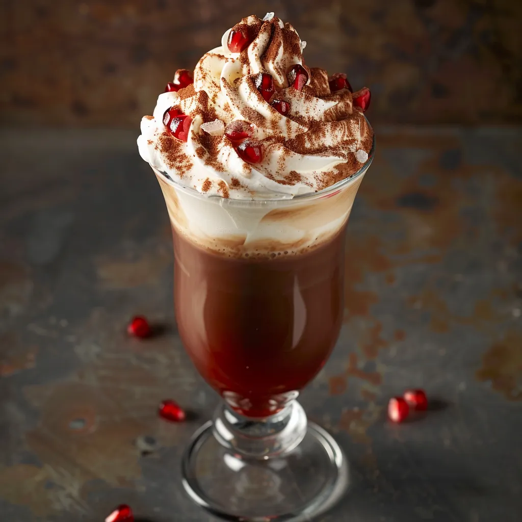 Served in a tall footed glass, this hot chocolate is deep red towards the bottom, transitioning into traditional brown at the top. A generous topping of whipped cream is dusted with cocoa powder, flaked sea salt, and sprinkled with a few pomegranate arils delivering an elegant, eye-catching drink.