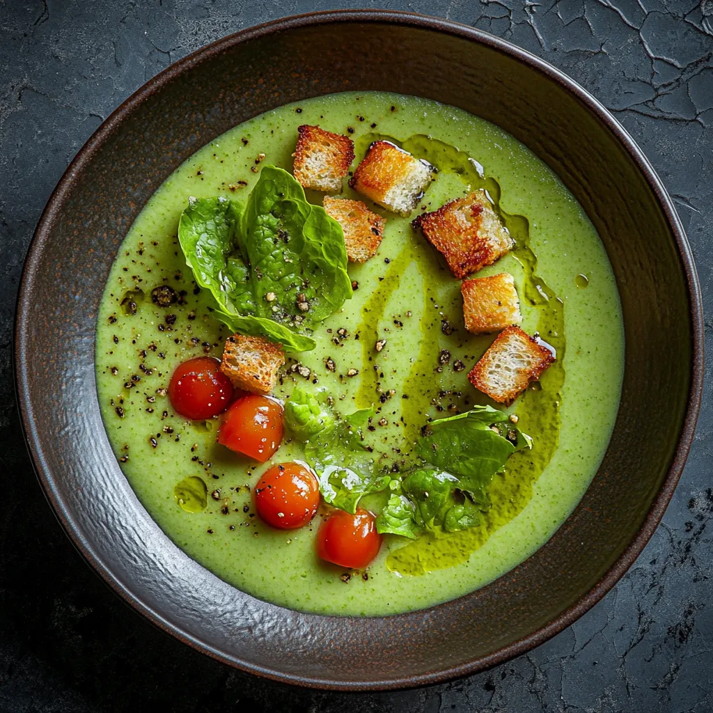 The dish presents a vibrant green gazpacho soup, adorned with small, crisp cubes of lettuce, tiny red tomato dices, sprinkled with crunchy croutons and drizzles of olive oil. The greenery, contrasted by the red tomatoes, creates a visually engaging dish.