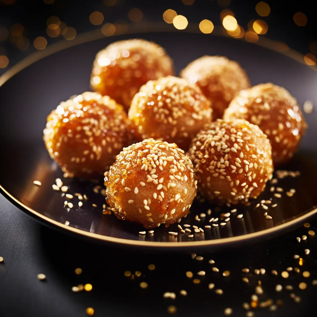 Perfectly round, golden sesame balls adorned with tiny sparkling sugar crystals rest atop a cool white plate like glistening snowballs. Strands of glistening caramelized onions peek out from their cracked centers, reflecting the warm, ambient lighting.