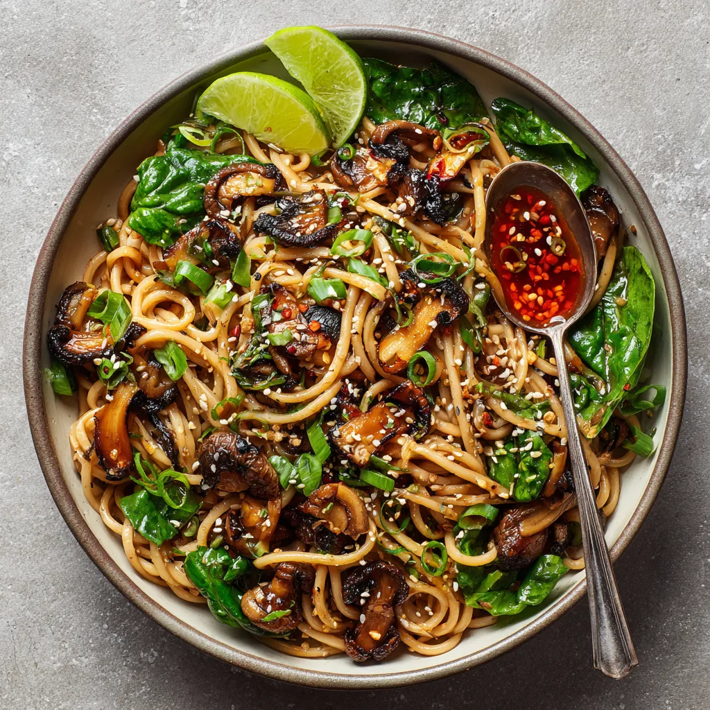 From above, a shallow bowl of glossy tan noodles twirled into loose nests, topped with bronzed roasted mushrooms, emerald mâche leaves, fine ribbons of scallion, black sesame, and a glistening spoonful of ruby chili oil, with lime wedges and specks of toasted sesame scattered artfully around the rim.