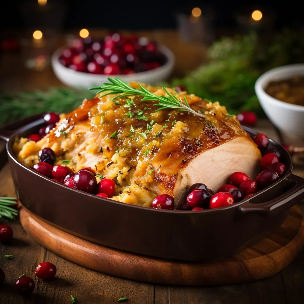 Imagine a large, golden brown turkey taking center stage on a rustic wooden platter, its skin glistening with a tangy cranberry glaze. Surrounding it is a wondefully aromatic cornbread stuffing dotted with colorful cranberries and fresh herbs. Garnish with sprigs of rosemary and thyme and a few extra cranberries around the platter for some holiday flair. The contrasting play of cranberry’s vibrant red and the turkey’s golden brown makes for a stunning spectacle.