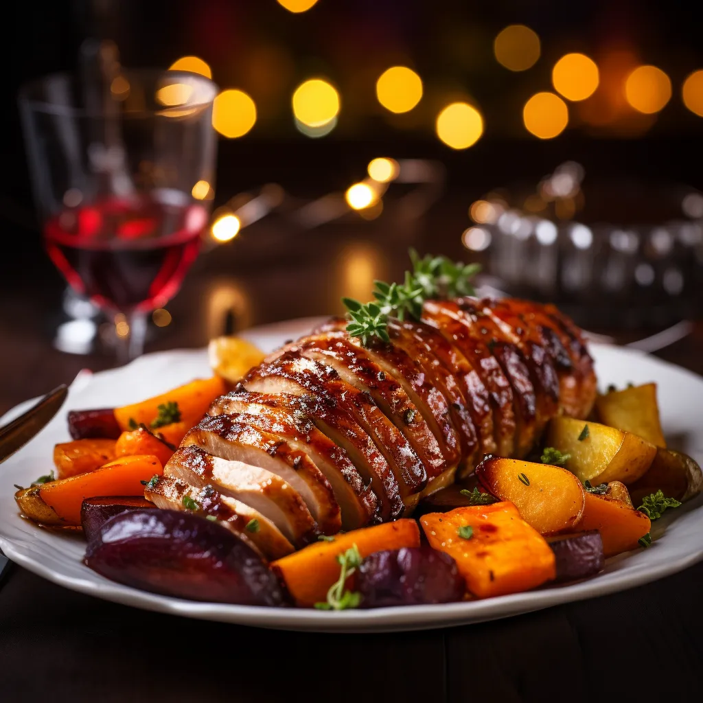 The bronzed, apple-cranberry glazed turkey sits in the center of the plate, glistening under soft Christmas lights. On its side, a medley of glossy red-wine braised carrots gleam in rich hues of red and orange with hints of thyme. Hasselback potatoes, with their accordion-like slits, wear a golden, crispy texture, sprinkled with bits of fresh parsley, contrasting beautifully with the Christmas platter.