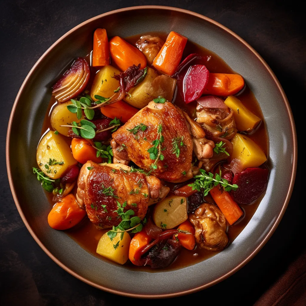 A deep rich color from the red wine, the plate contains a few tender chicken thighs, with root vegetables and a light sauce topped with fresh herbs.