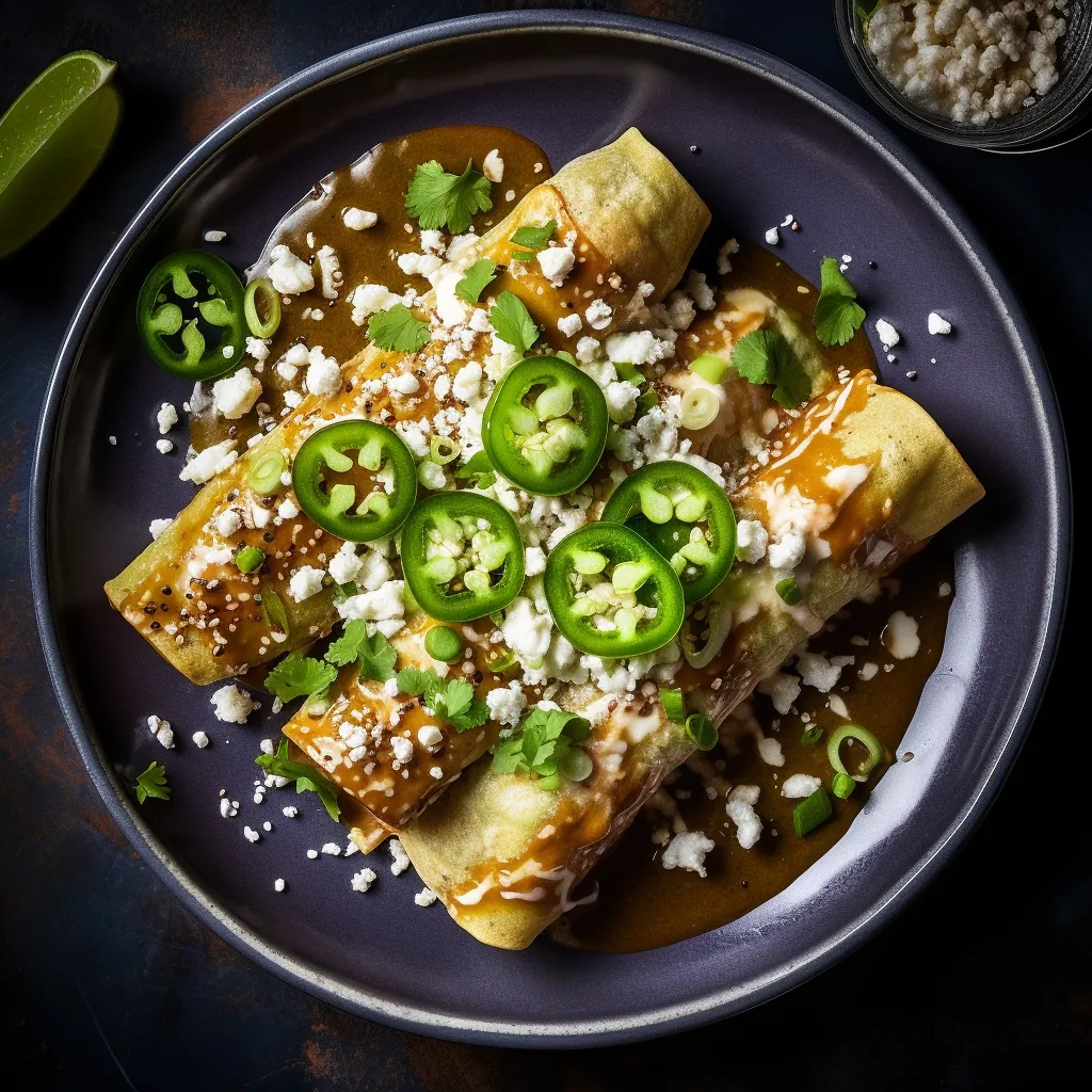 A plate of warm corn enchiladas, topped with vibrant green tomatillo sauce, and sprinkled with crumbled queso fresco.