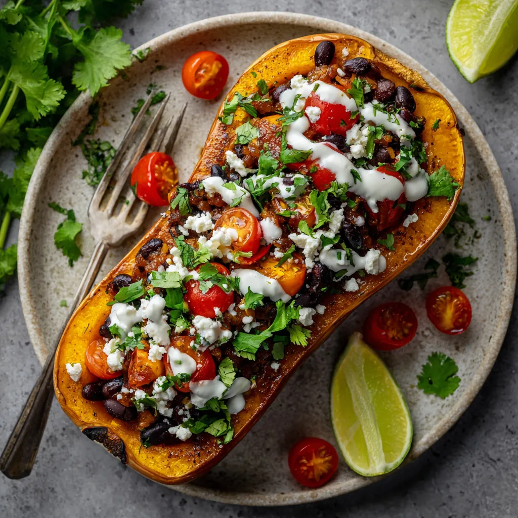 A golden half of roasted butternut squash facing upward, proudly displaying a vibrant filling of rich black beans, crumbled queso fresco, and vivid red cherry tomatoes. The dish is garnished with fresh green cilantro and a drizzle of tangy lime crema, offsetting the comforting warmth of the squash.