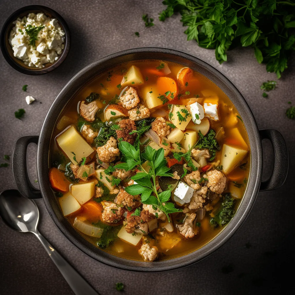 A warm bowl of soup with chunks of vegetables and ground turkey, topped with fresh herbs.