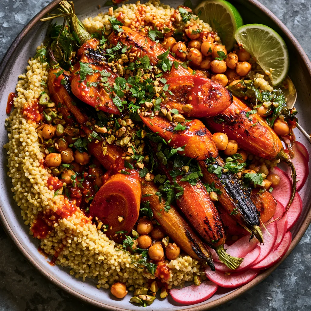 From above, a wide shallow bowl shows a swoosh of pale golden coconut freekeh topped with charred orange carrot halves, ruby gochujang glaze, scattered emerald herbs, crunchy golden chickpeas, chopped pistachios, and thin pink radish slices with lime wedges at the edge.