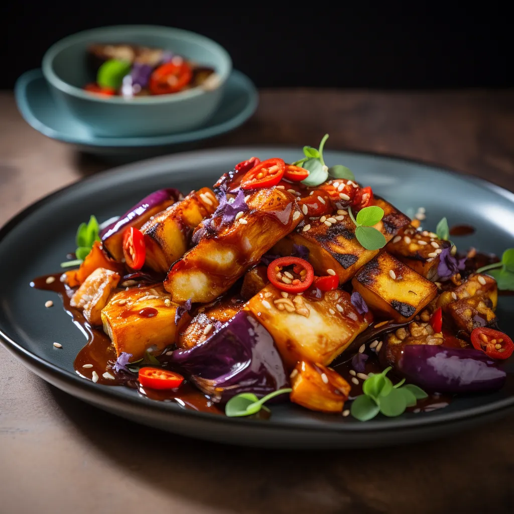 A vibrant medley of vivid, roasted root vegetables – deep oranges, purples, and russets – sit pooled around a golden, seared slab of gochujang glazed halloumi. Scattered on top, glossy, caramelised mushrooms gleam with rich, dark soy glaze, peppered with white sesame seeds. A final drift of fresh green parsley adds a striking contrast.
