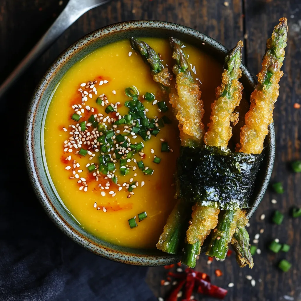 A ceramic bowl filled with luscious golden butternut soup is the star of this composition. Sitting on the rich creamy soup are scattered, garnet-red sesame seeds and fresh green chives. Beside it, positioned asymmetrically, are number of asparagus tempura styled artistically, wrapped in dark green nori giving a pop of color to the arrangement; their golden tempura covering contrasts beautifully against their green heads peeking out. The bowl sits on a dark wooden surface, with scattered red chili and a spoon resting atop dark linen. The composition is sprinkled with extra sesame seeds for added charm.