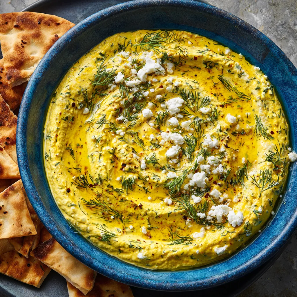 The dish is a radiant blend of colors - The tzatziki is a soft yellow-orange, studded with dark green specks of dill and streaks of olive oil. It sits in a blue earthenware bowl, and a small pile of pita chips rest on the side. Swirls of the golden dip adorn the chips and crumbled feta cheese is sprinkled over the top. 