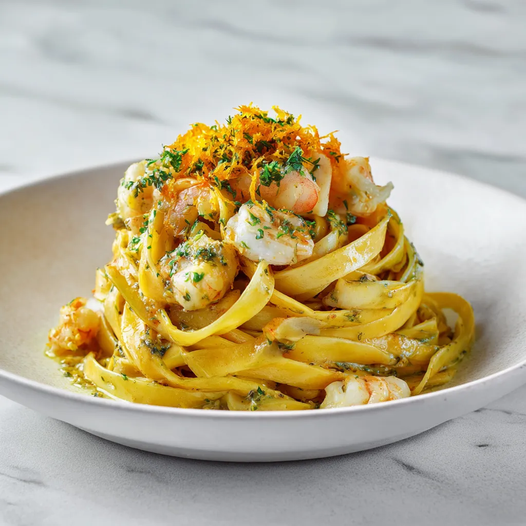 Golden tagliatelle is piled high on a stark white plate, glistening with the tangerine-herb sauce. Vibrant seafood, including scallops and shrimp, nestle into the folds of pasta, giving bursts of color and texture. An artful sprinkle of parsley and tangerine zest crowns the dish, capturing contrast and intrigue.
