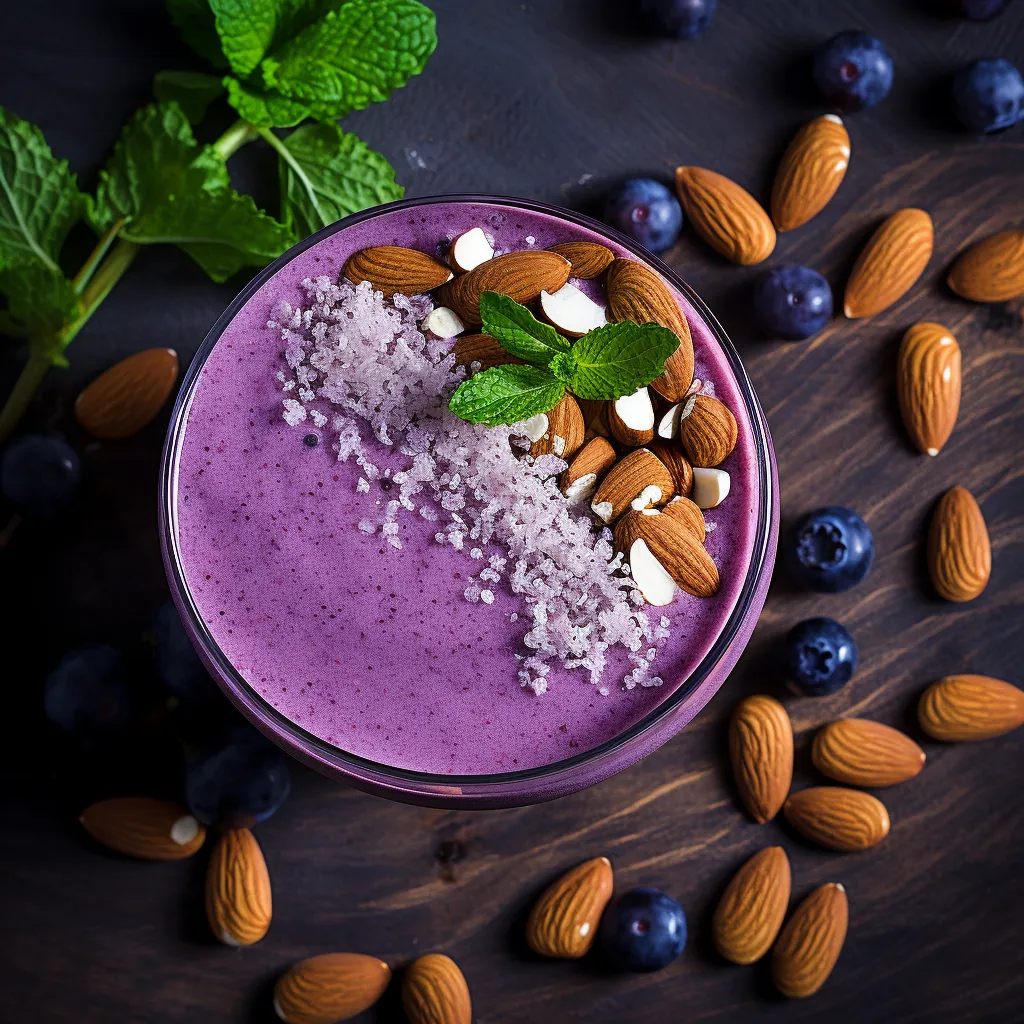 This smoothie radiates a rich purple hue, topped with light-green mint leaves, coarsely chopped almonds and a sprinkle of ground cinnamon, giving it an aura of the Mediterranean. A few scattered grapes on the side complete the inviting picture.