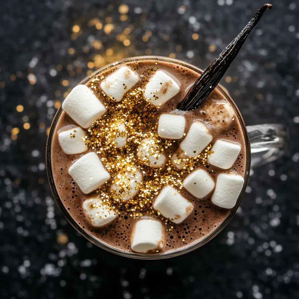 From above, you'll see a deep brown, almost black liquid filling the top of a tall, transparent mug. The surface of the hot chocolate is generously studded with fluffy white marshmallows partially melted into the beverage showing different levels of submersion. Dropped from high above, golden edible glitter dust sparkles against the dark cocoa, dotting the marshmallows and the surface around them. A slender vanilla bean is set gently on top, against the white of the marshmallows for contrast.