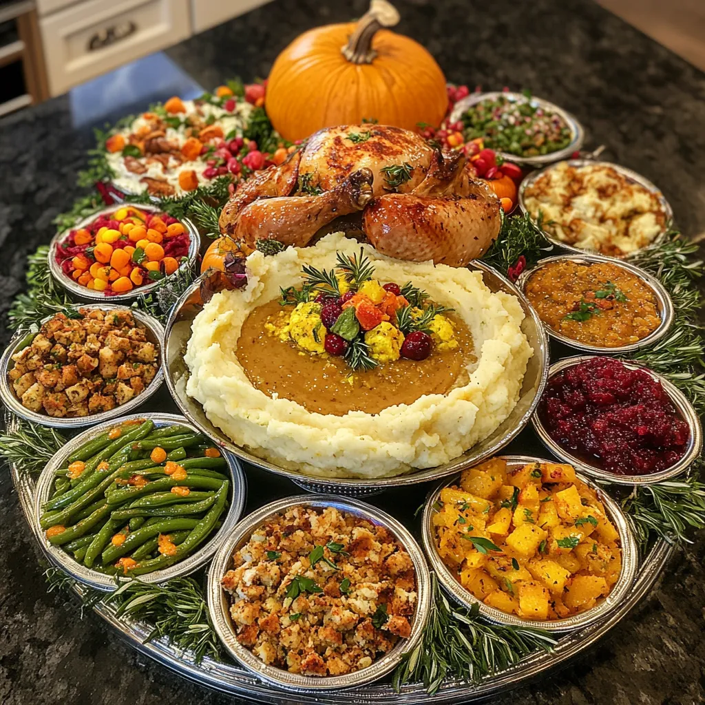 A golden, perfectly roasted, crisp-skinned turkey sits at the center of a big, round festive platter, garnished with fresh herbs and colorful mini veggies. Surrounding it, in smaller platters are gorgeous sides: a velvety pool of mashed potatoes with a melted butter well, a dome of cranberry-orange relish glistening in deep red, a rustic pumpkin gratin with a golden cheese crust, and a lightly shining dish of green beans, sprinkled with crunchy almond slivers.