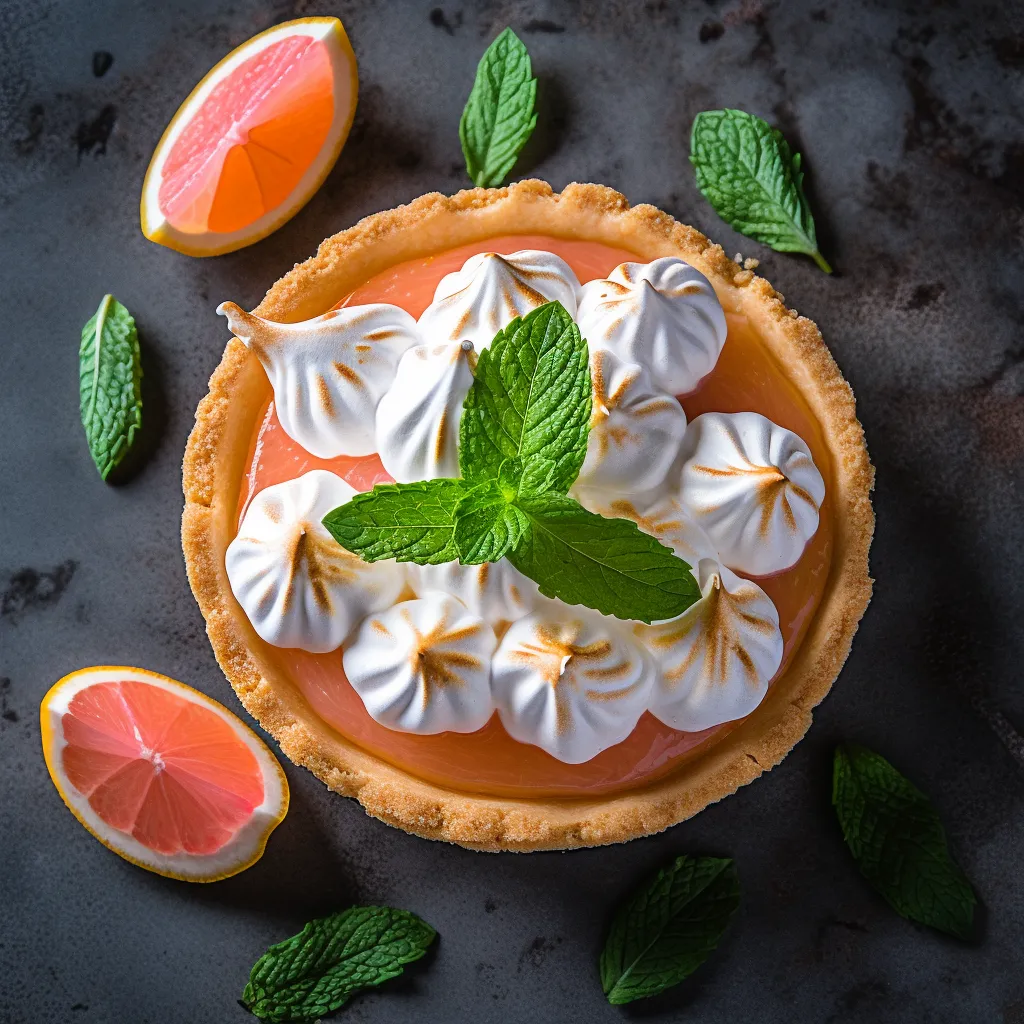 A tart shell filled with pink grapefruit curd and topped with fluffy meringue peaks, garnished with fresh mint leaves.