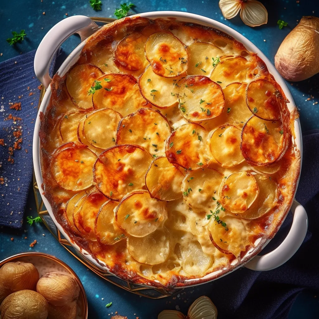 Thinly sliced and layered potatoes baked to golden brown perfection.