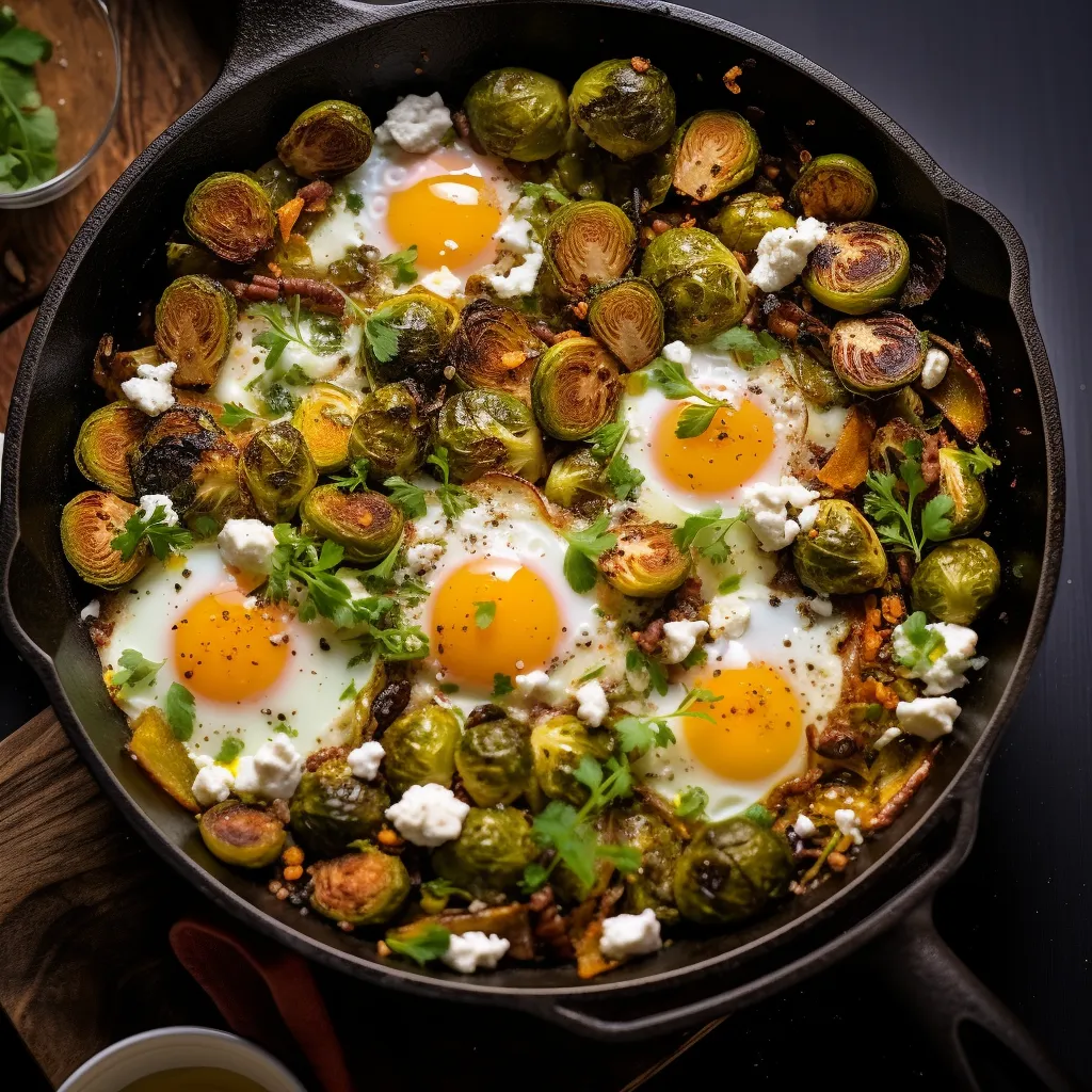 From above, you see a warm skillet filled with golden, crispy Brussels sprouts glistening from olive oil, interrupted by the vibrant green sprinkles of fresh herbs, crumbled white feta cheese, jet black Kalamata olives, and a trio of sunny-side-up eggs with bright yellow yolks sitting on top. The dish is garnished with a sprig of dill and a dusting of red chili flakes. 