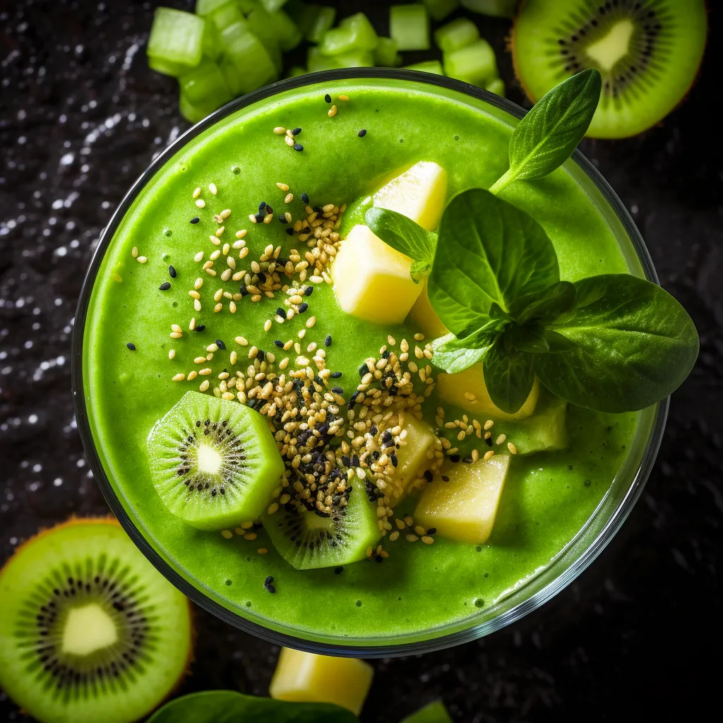 A vibrant green smoothie packed with chunky seeds.