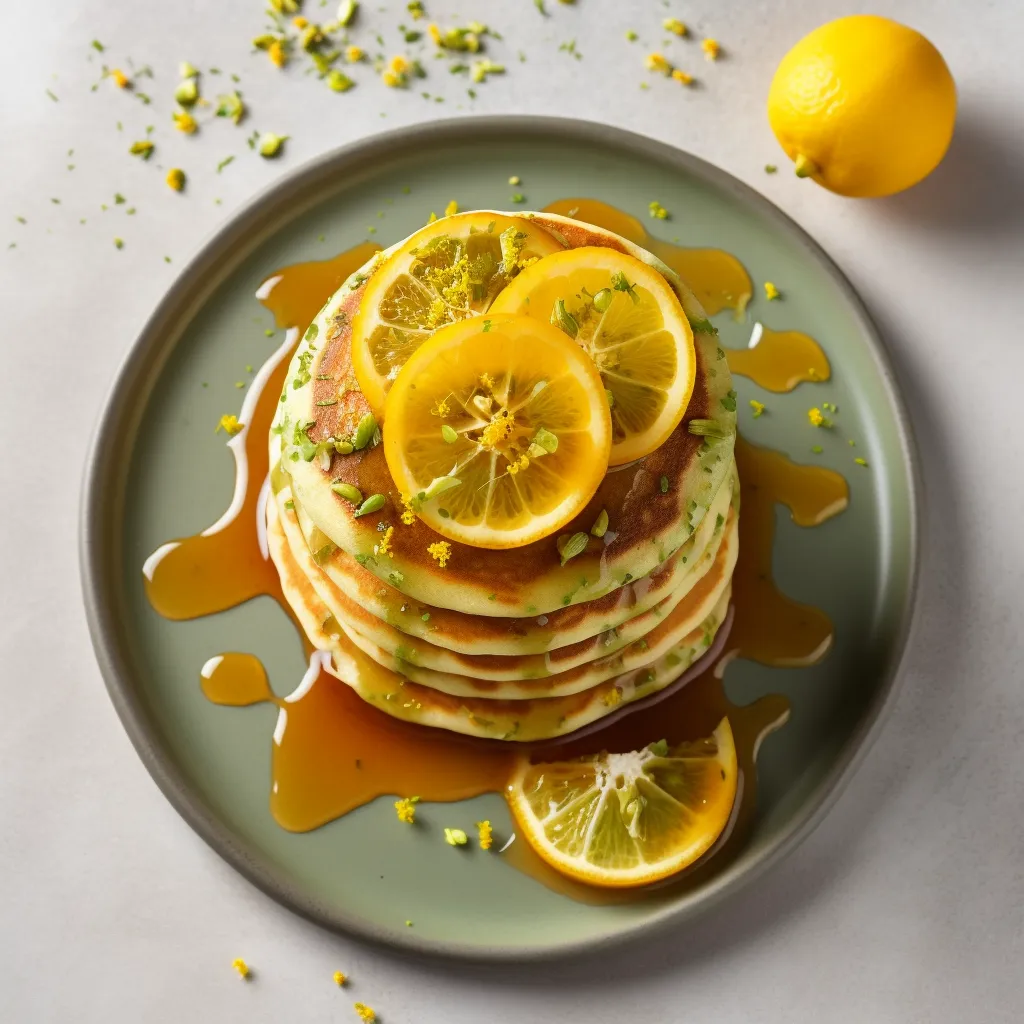 Three fluffy green pancakes are stacked on top of each other and drizzled with a bright yellow citrus compote.