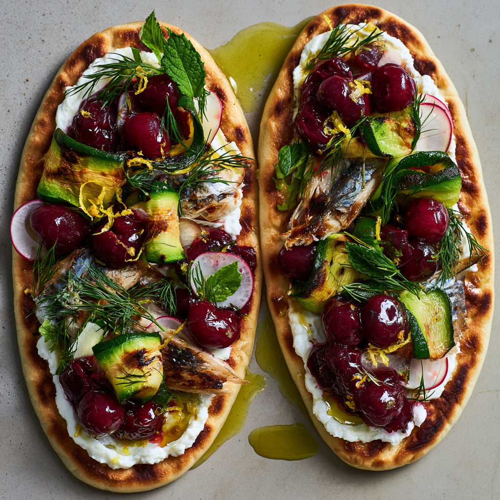 Griddled Mackerel Flatbreads with Whipped Feta, Charred Zucchini & Cherry Relish
