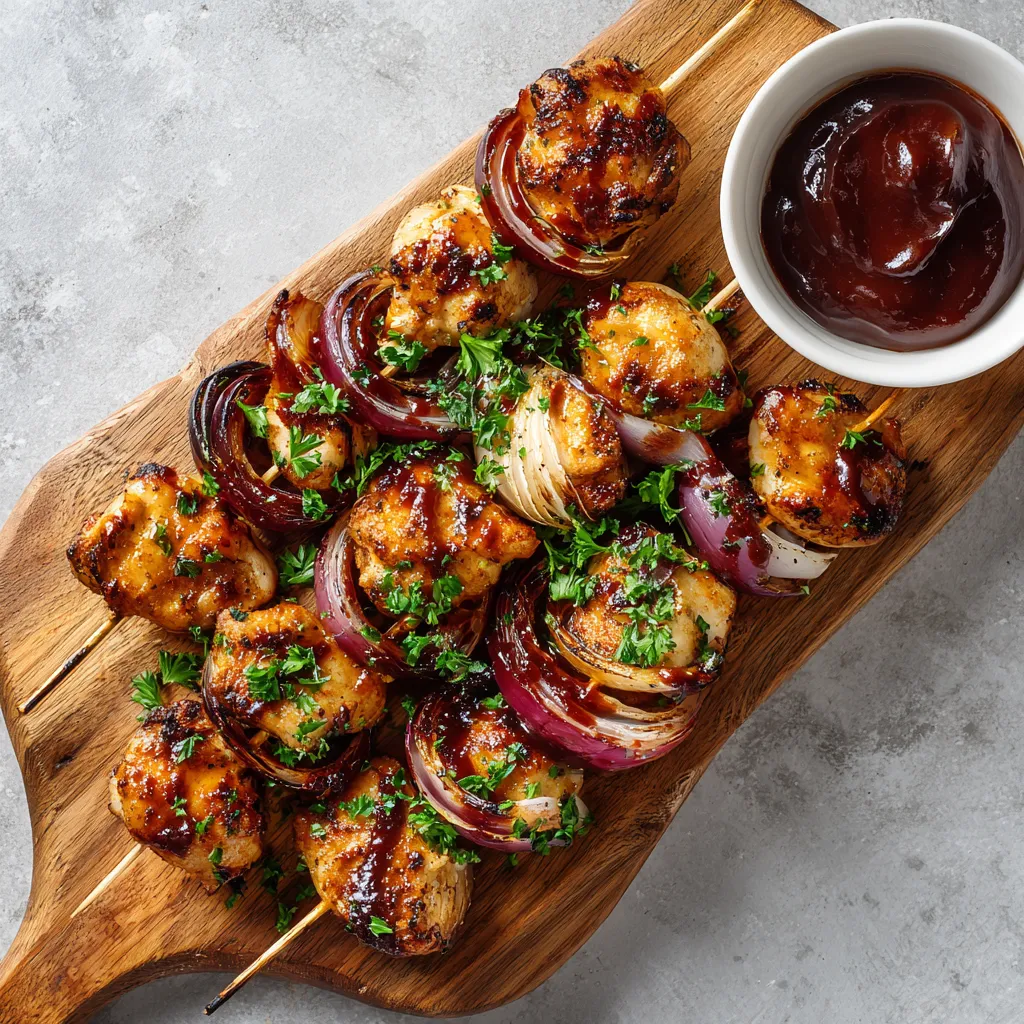 Golden brown chicken bites skewered in mini wooden sticks, nestled next to rounds of slightly charred sweet onions. All elegantly arranged on a wooden serving board with the glossy BBQ sauce making the dish glisten. Sprinkles of chopped fresh parsley add pops of vibrant green.