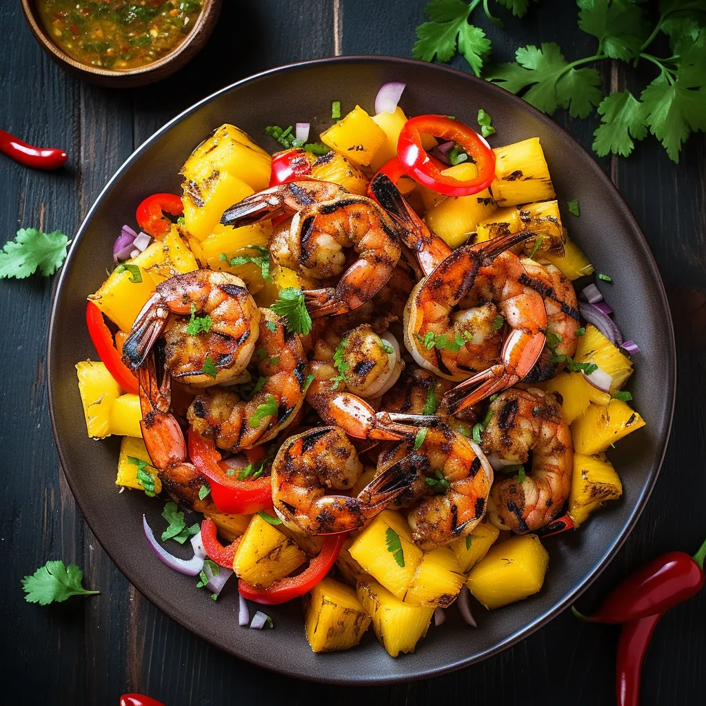 A plate adorned with perfectly grilled Cajun shrimp accompanied by a vibrant and refreshing mango salsa. The colorful salsa provides a beautiful contrast to the charred shrimp.